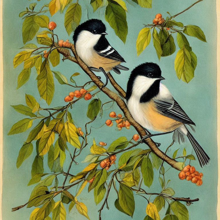 Illustration of black-capped chickadees on branch with leaves and berries on teal background