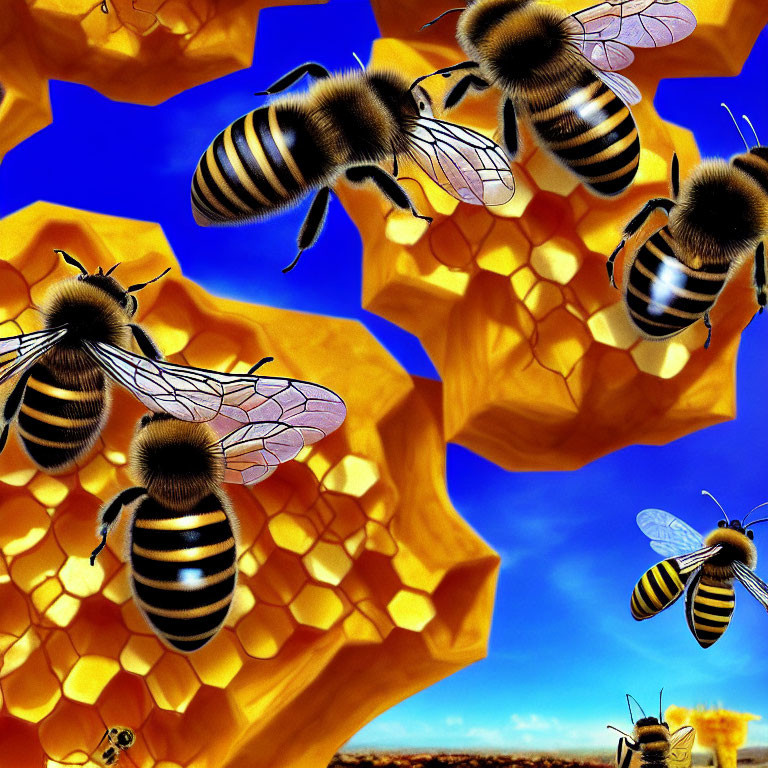 Giant Bees Flying by Honeycomb Structures in Blue Sky