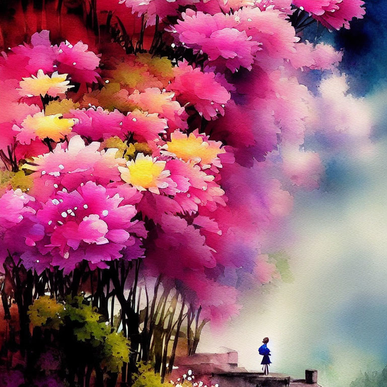Colorful watercolor painting of person surrounded by oversized flowers