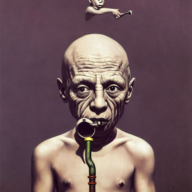 Surreal painting of bald man playing brass instruments