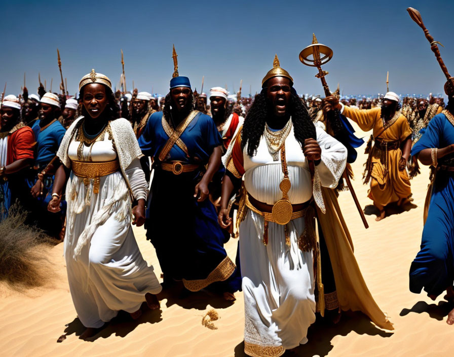 Group in Regal Egyptian Attire Marching in Desert