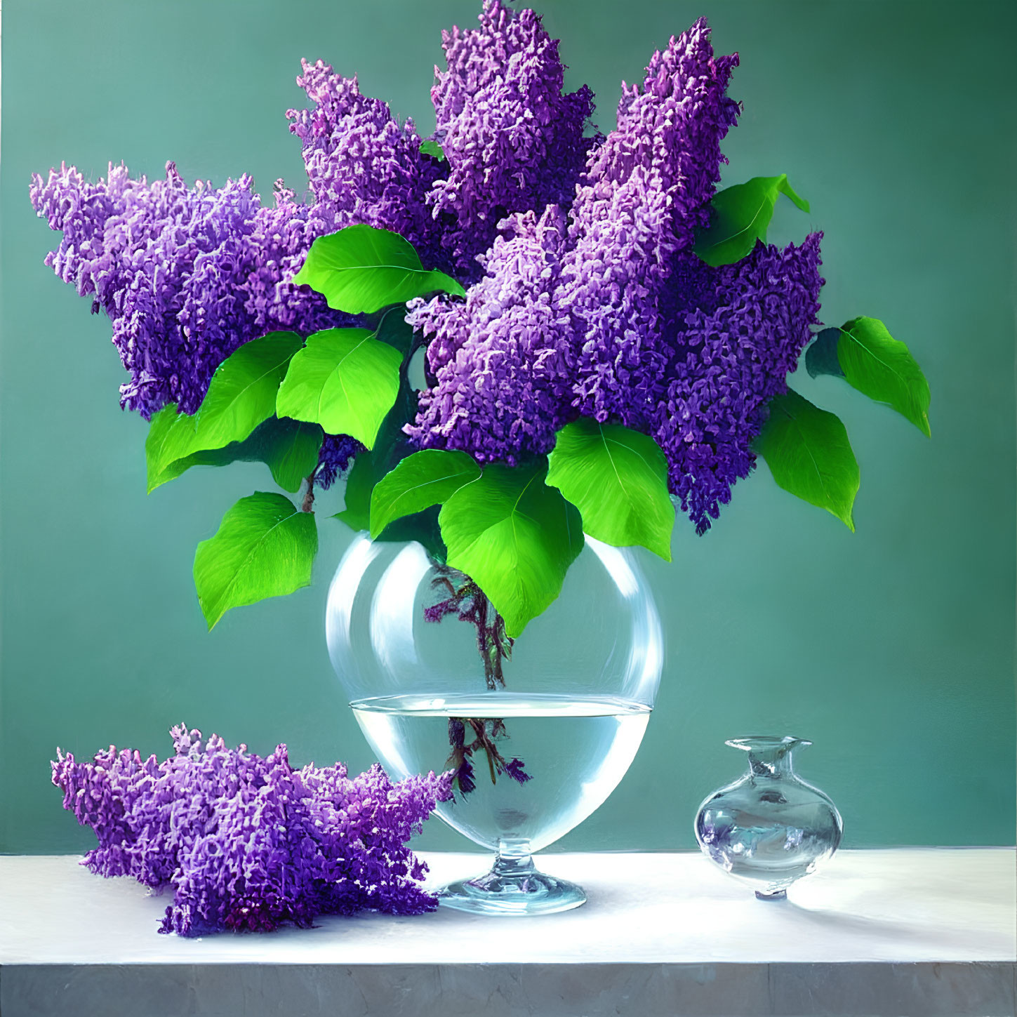 Purple lilacs in glass vase on table with green leaves and fallen blossoms against muted green background