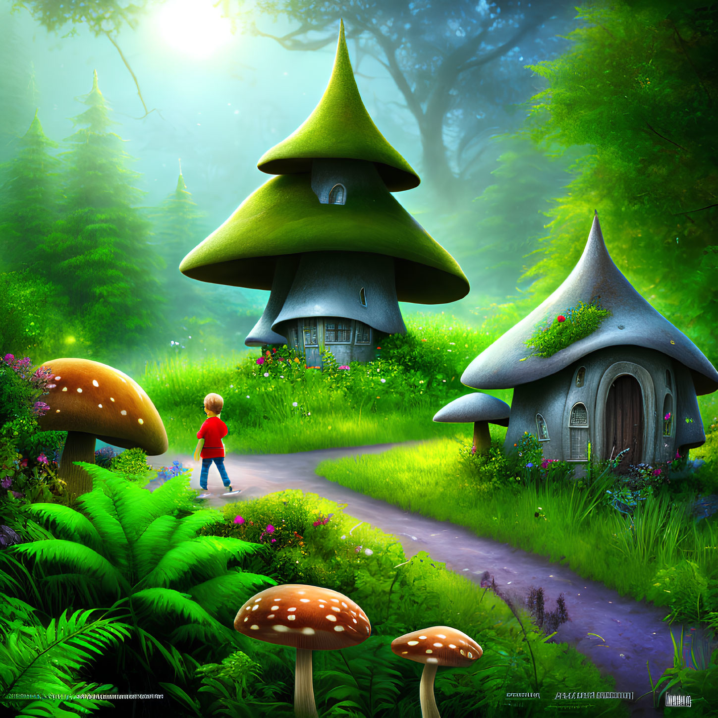 Child walking in enchanted forest with mushroom houses under sunlit canopy