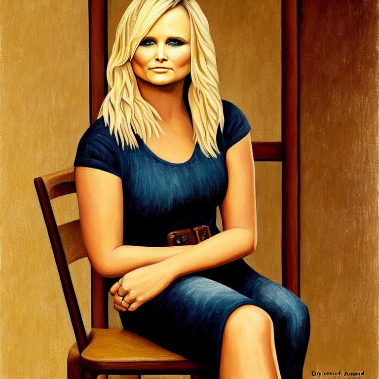 Blonde Woman in Blue Dress on Chair in Realistic Style