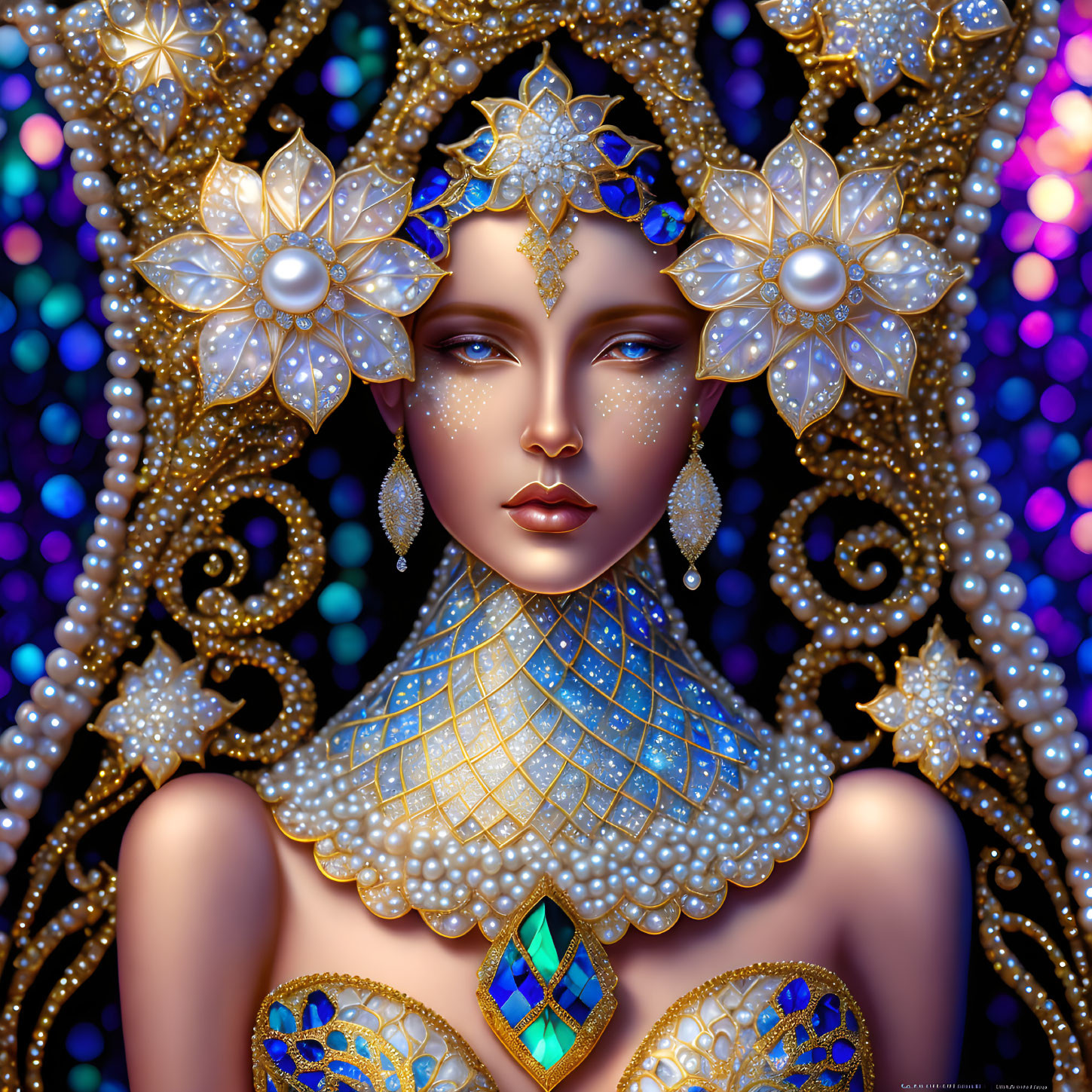 Ethereal woman with pearl and gold jewelry on multicolored backdrop