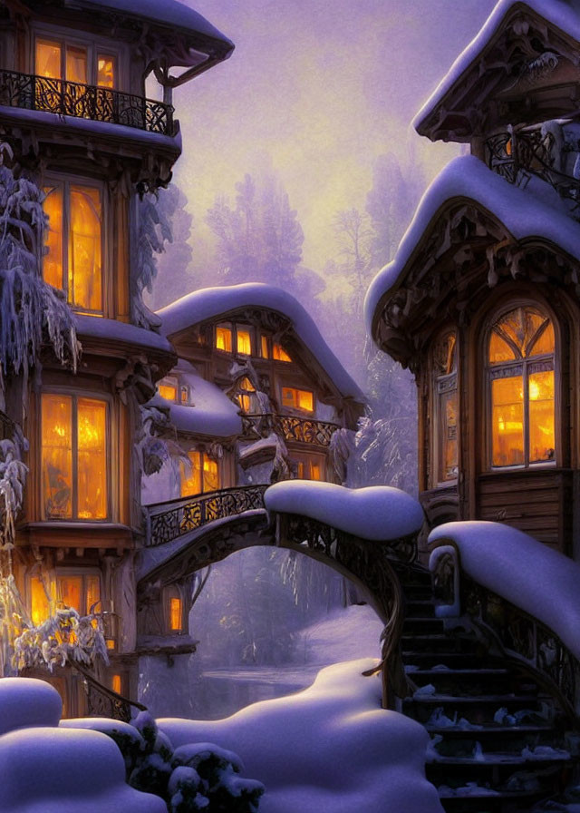 Snowy Winter Landscape: Multi-story Wooden House with Glowing Lights
