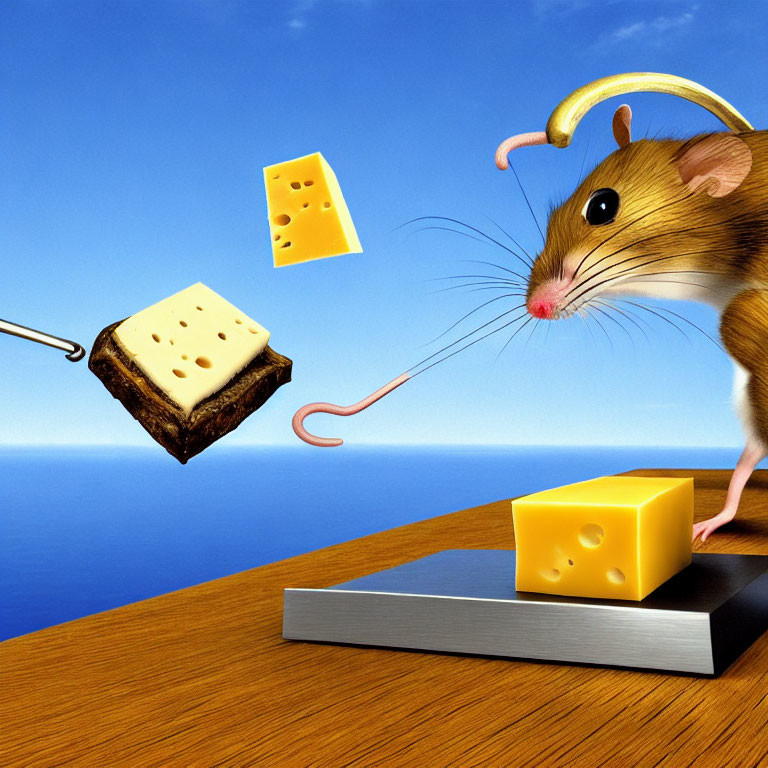 Cartoonish mouse with hook tail catches cheese blocks on ocean backdrop.
