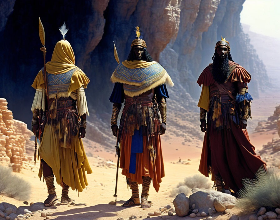 Three people in Tuareg clothing in desert scenery.