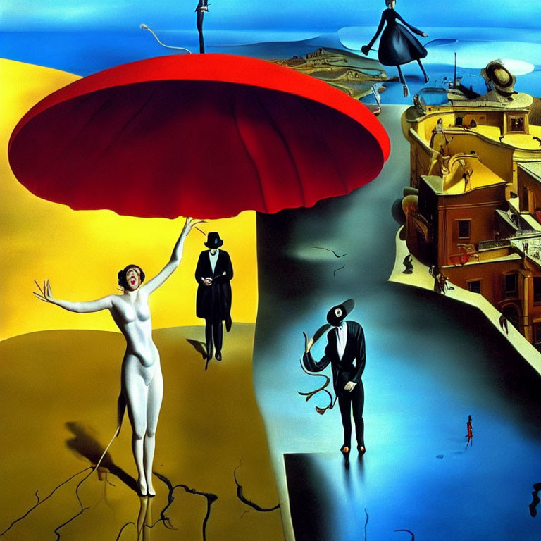 Surreal painting featuring naked woman, men in suits, and distorted cityscape.
