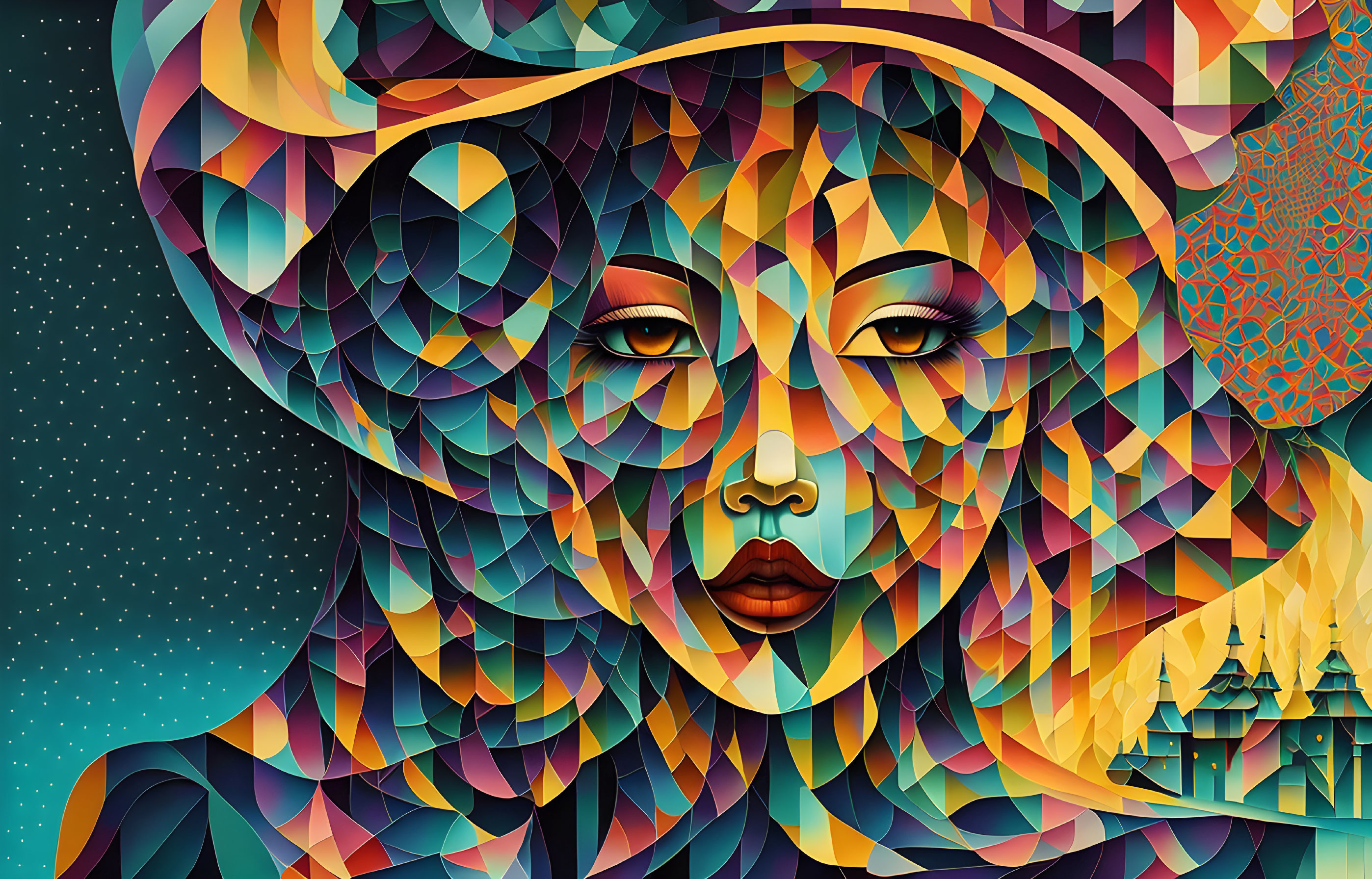 Abstract Woman's Face in Colorful Geometric Patterns on Starry Background