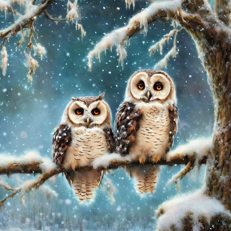 Snowy branch scene: Two owls in winter setting
