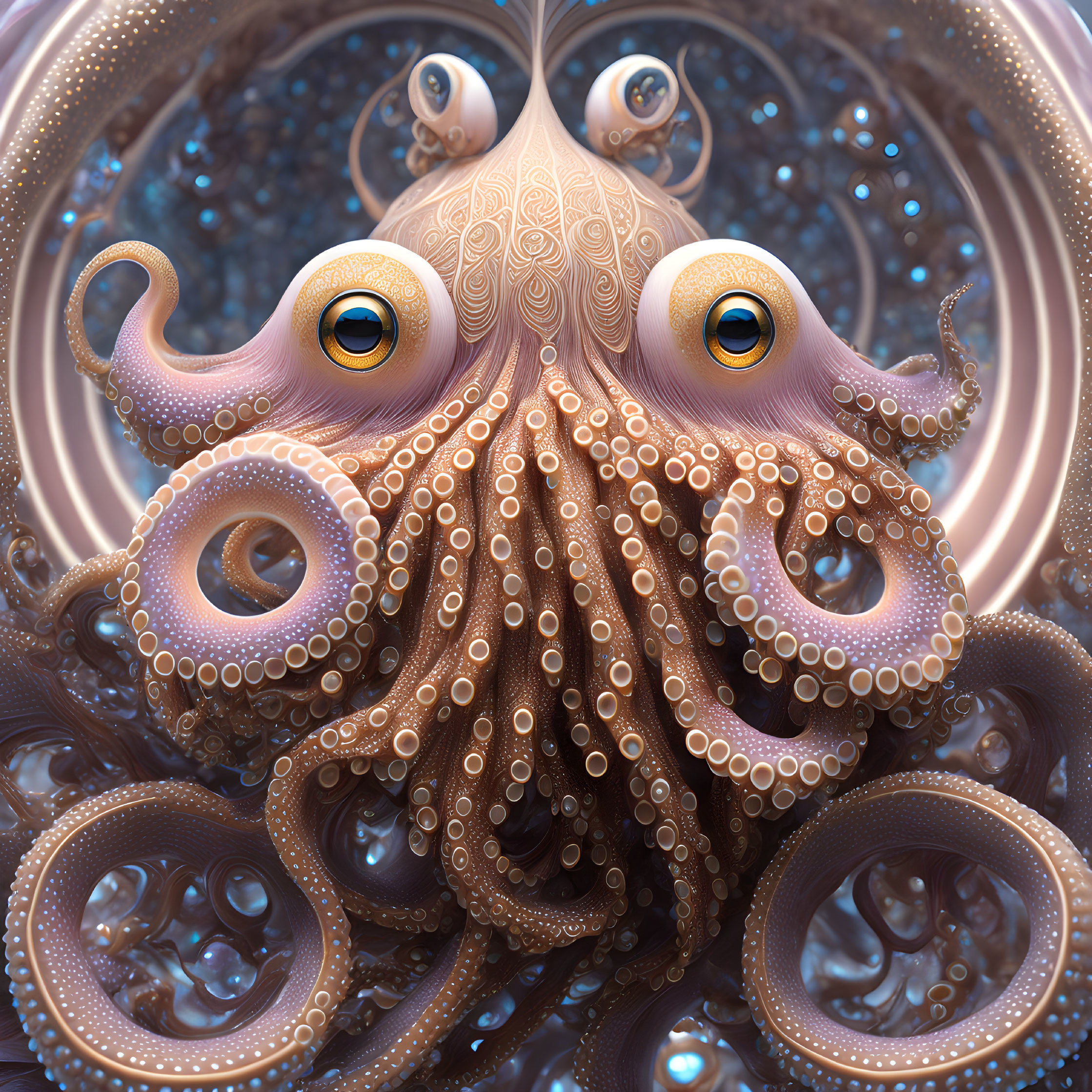 Detailed surreal octopus with intricate patterns and expressive eyes in a bubble-filled sea