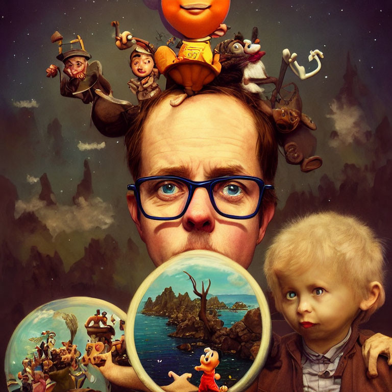 Man with glasses reveals child among whimsical characters