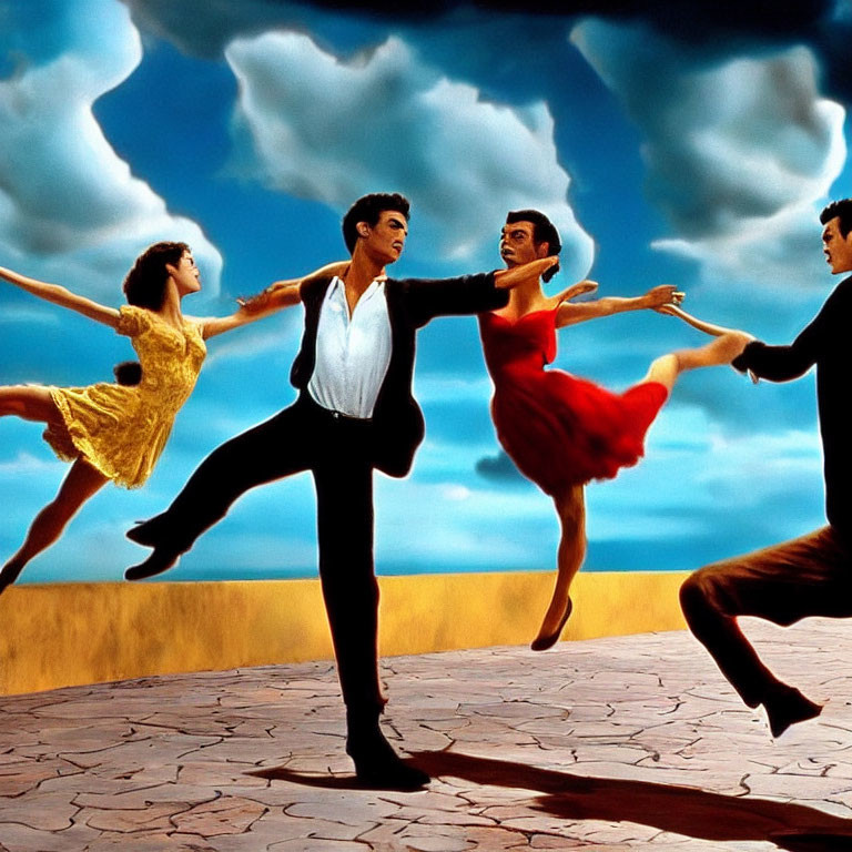 Energetic couples dancing on yellow-brick road under blue sky