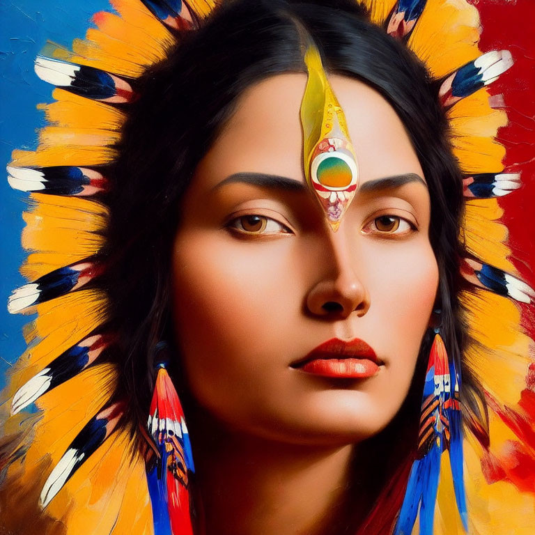 Colorful Feather Headdress and Painted Forehead Portrait