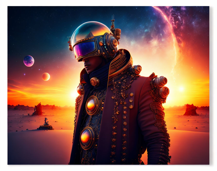 Futuristic astronaut in ornate suit on desert planet at sunset