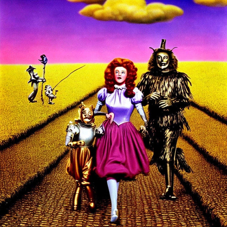 Colorful landscape with four animated characters on yellow brick road
