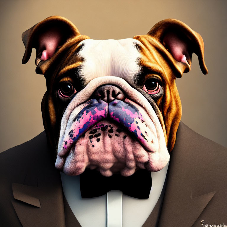 Stylized 3D Illustration of Bulldog Head on Suited Body