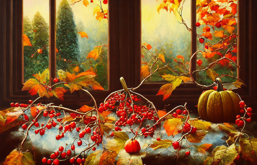 Vibrant autumn leaves and berries on windowsill with fall landscape view