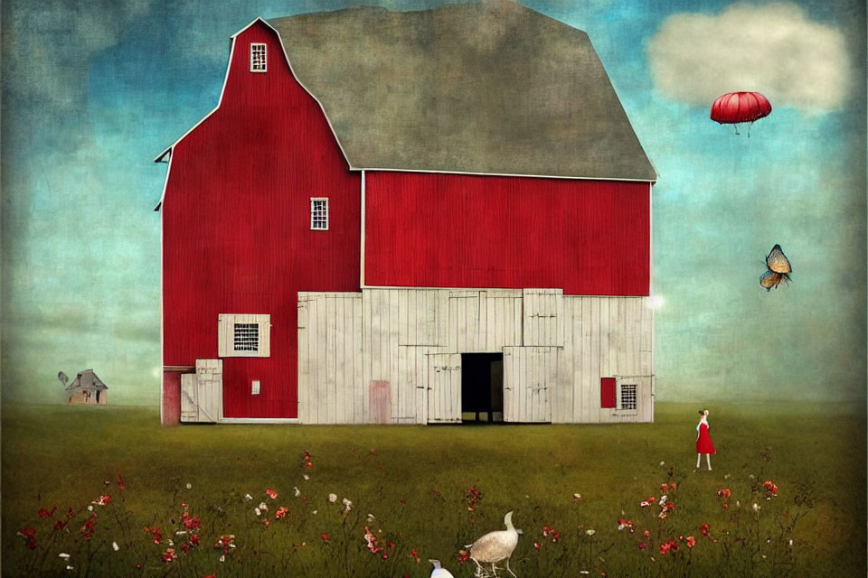 Child near red barn with geese, balloon, dog, and butterfly in whimsical scene