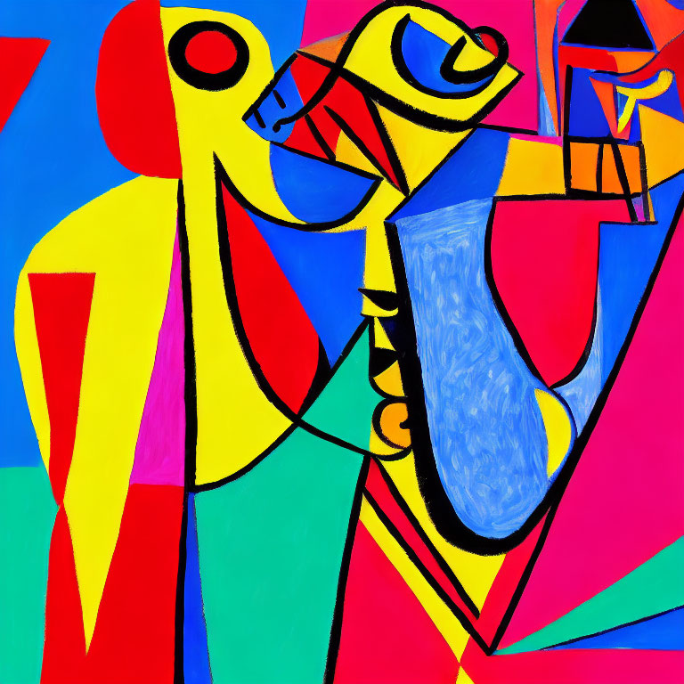 Colorful Abstract Painting with Geometric Shapes & Blue Saxophonist
