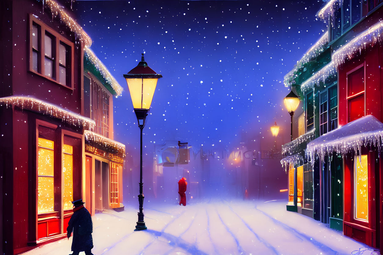 Snowy night street scene with illuminated buildings, holiday lights, and glowing lamp post.