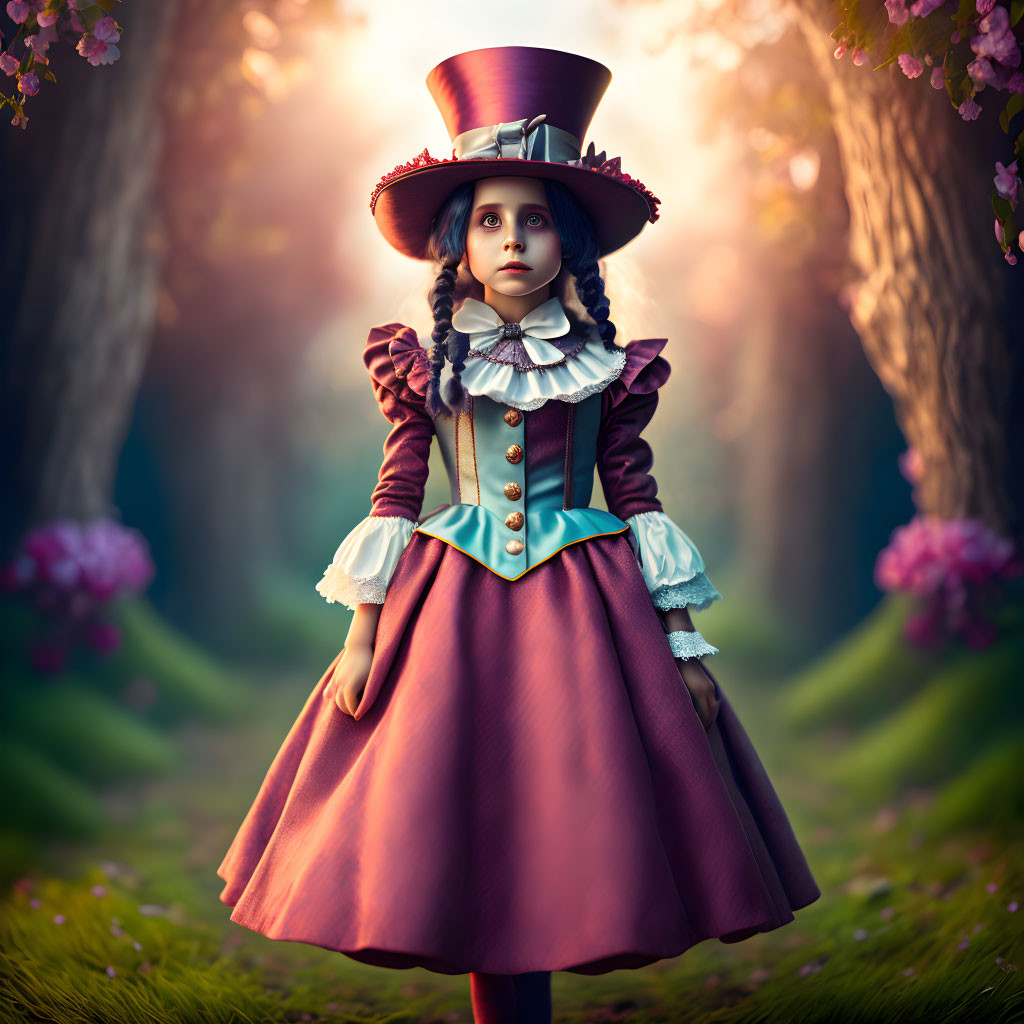 Young girl in Victorian-inspired costume in magical forest with purple flowers