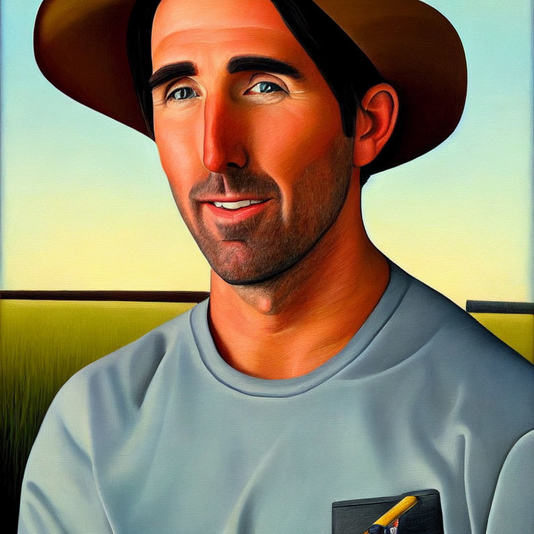 Stylized painting of a man with a hat and serene background