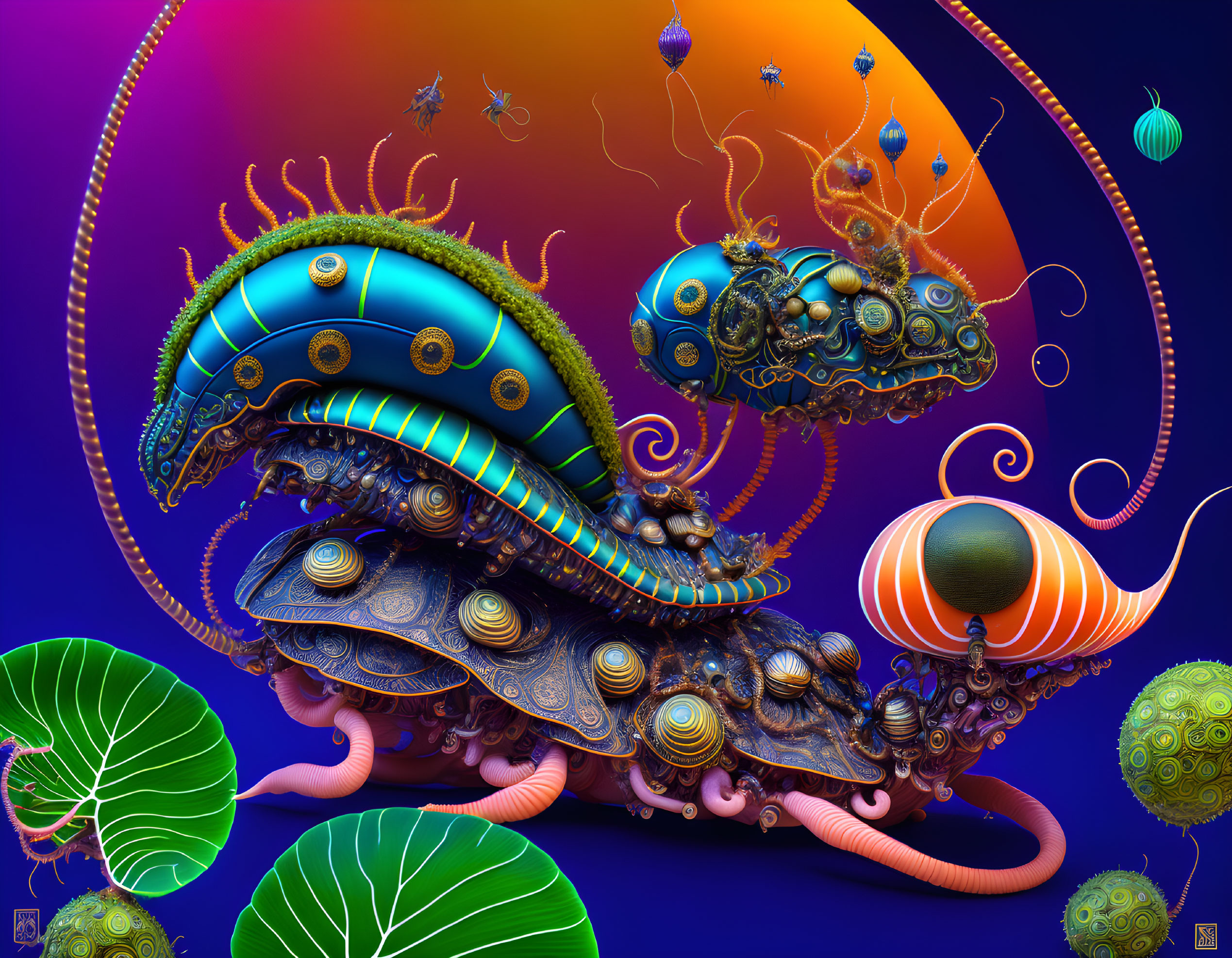 Colorful digital art: fantastical creatures, shell-like structures, tentacles, orbs, and lot