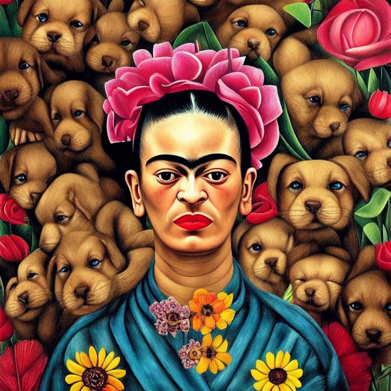 Vibrant illustration of woman with floral headpiece and puppies.