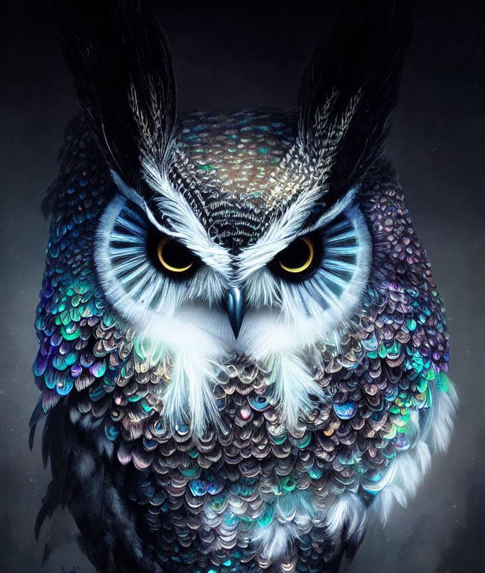 Colorful Owl Illustration with Striking Blue Eyes on Dark Background