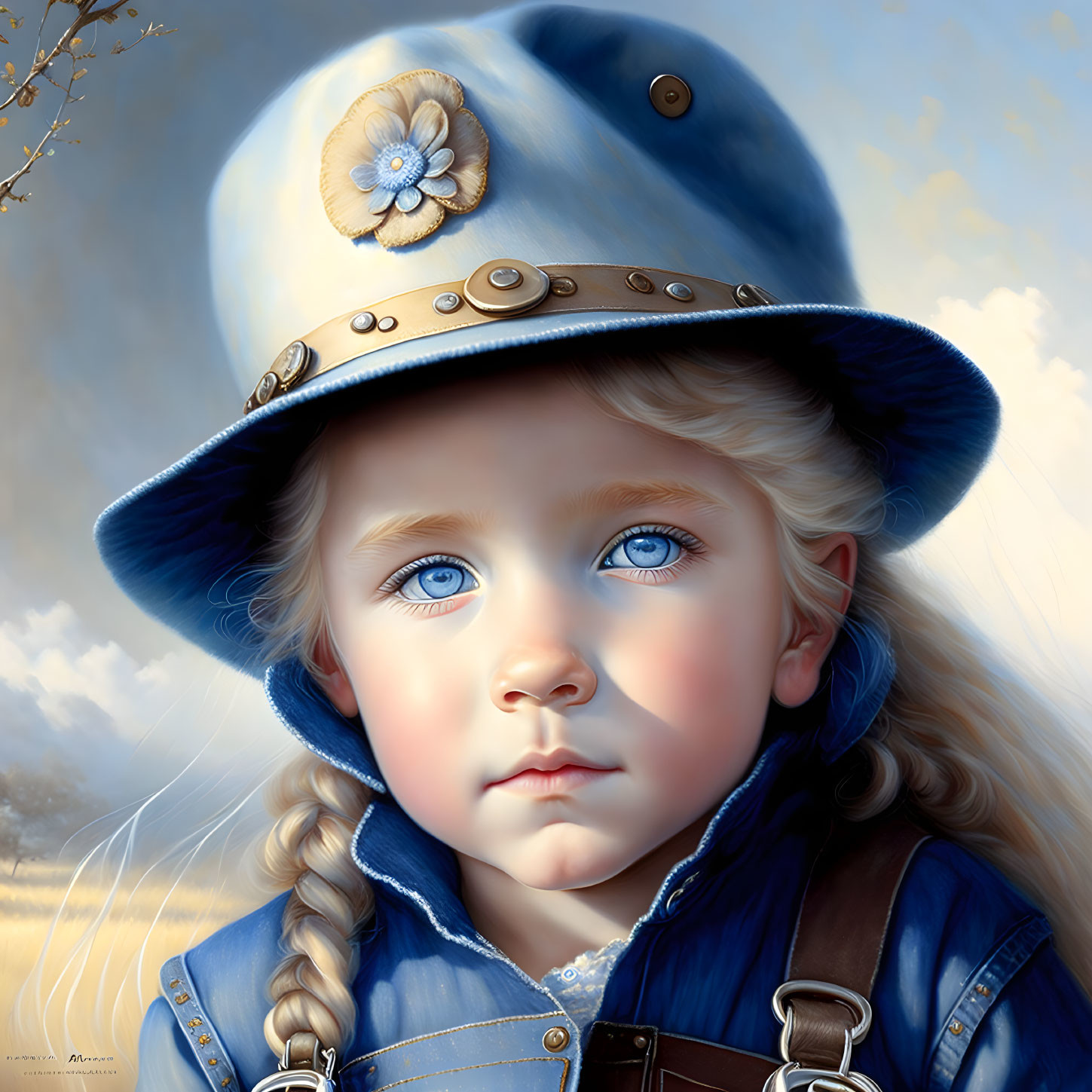 Young child with blue eyes and blonde braids in blue hat and coat, under sky and clouds.