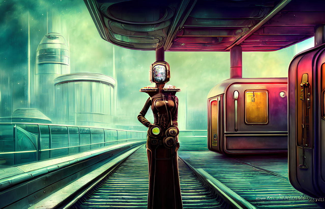 Vintage TV-headed figure on futuristic train platform with sleek train and neon cityscape.