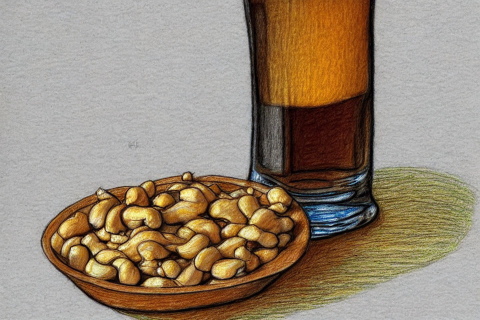 Colored pencil drawing of peanuts and beer on textured surface