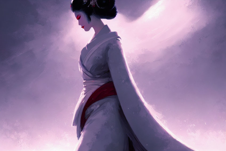 Geisha in traditional attire against purple ethereal background