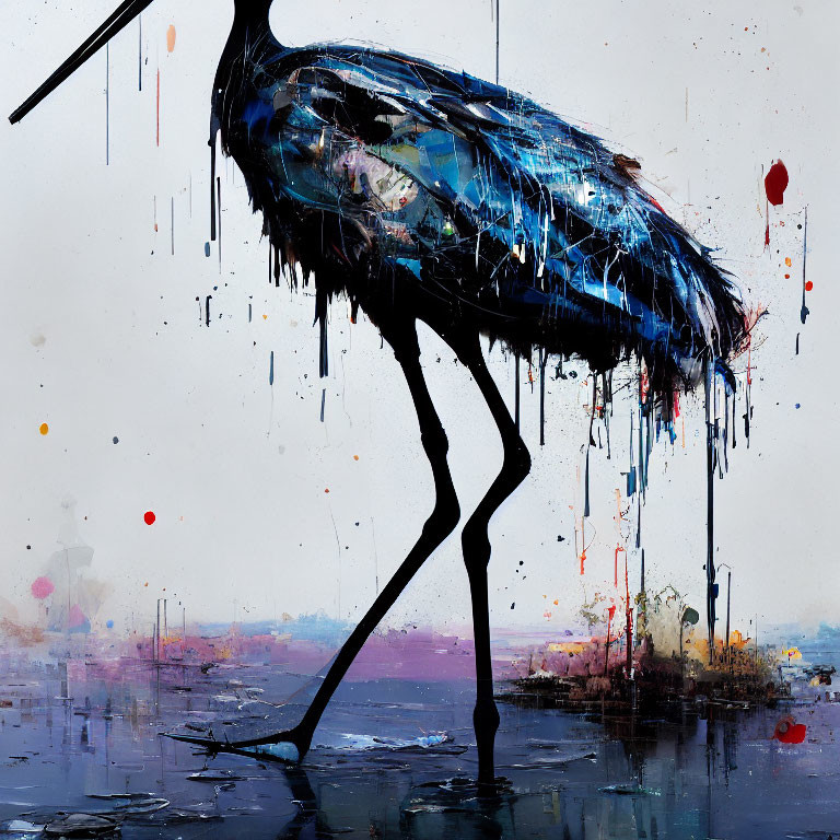 Colorful Abstract Landscape Painting with Stylized Bird and Dripping Blue Plumage