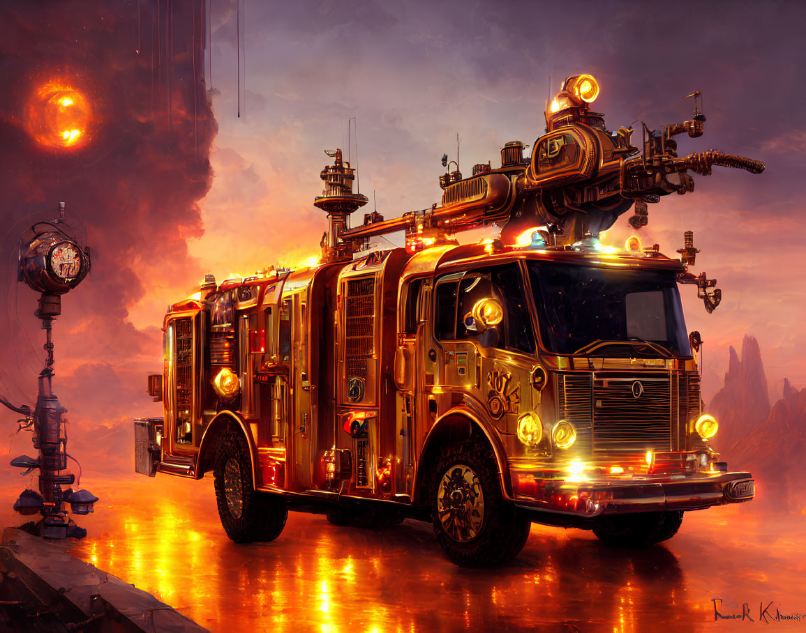 Detailed futuristic fire truck illustration under fiery sky.