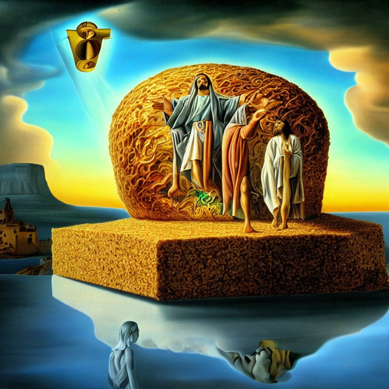 Surreal painting of robed figures on sponge pedestal with golden spiral background