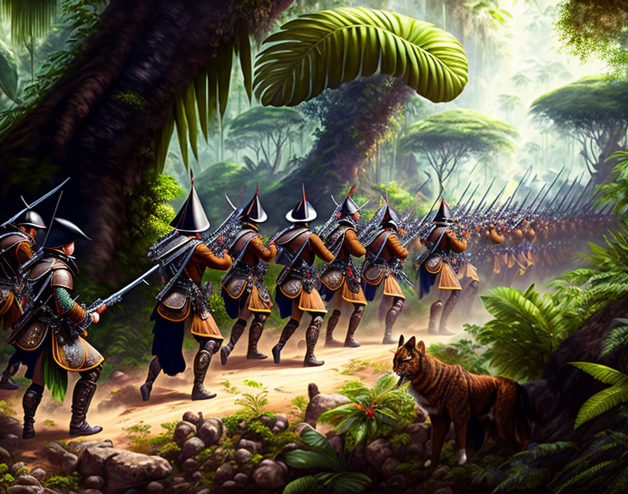 Armored medieval soldiers with spears in lush jungle observed by tiger