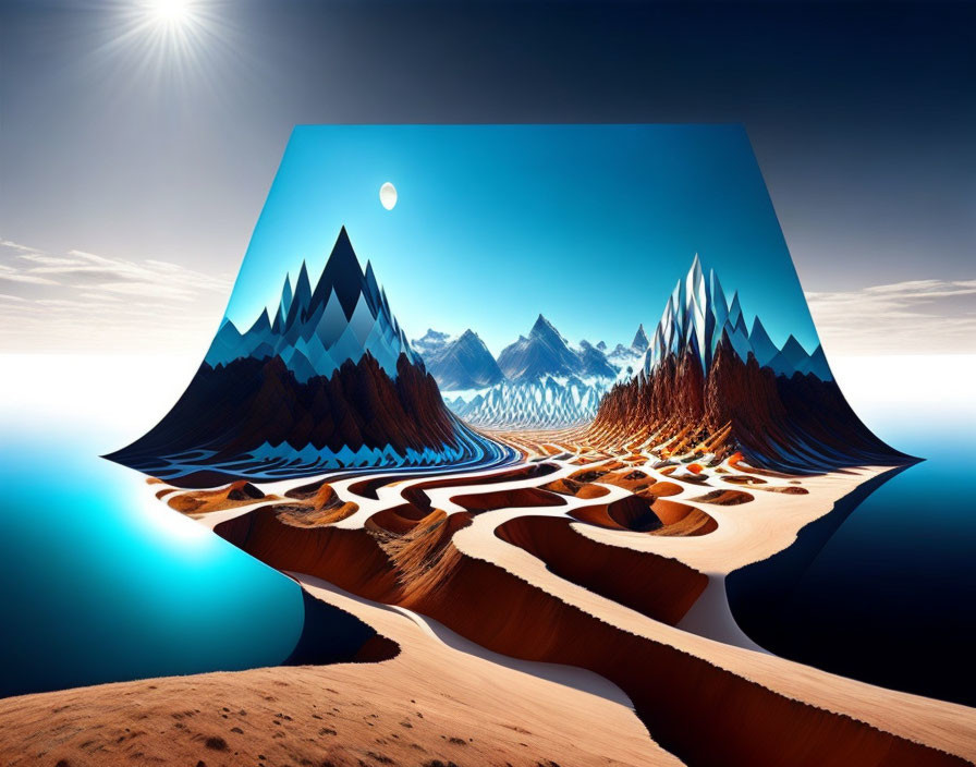 Surreal landscape: mountain range, dual sun and moon, water, sand