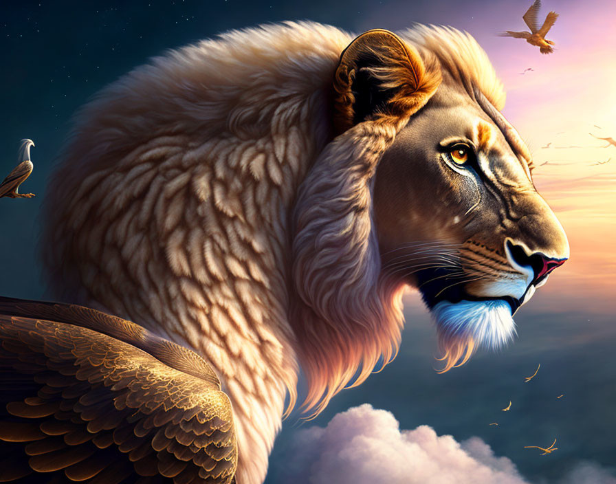 Majestic lion with eagle wings in twilight sky with birds.