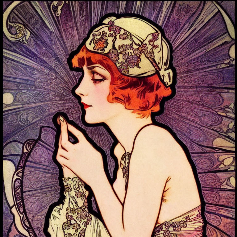Woman with flowing hair and hat in Art Nouveau style on purple background holding a phone
