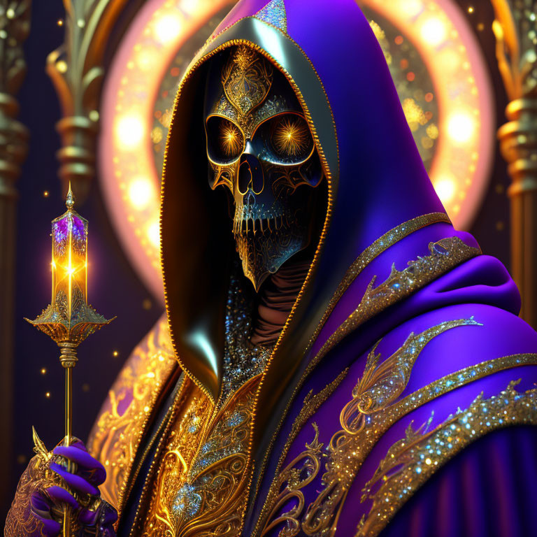 Hooded figure with skull face holding ornate staff in purple cloak and glowing orbs