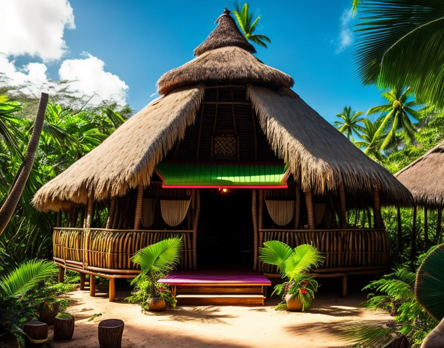 Traditional Tropical Hut with Thatched Roof in Lush Greenery