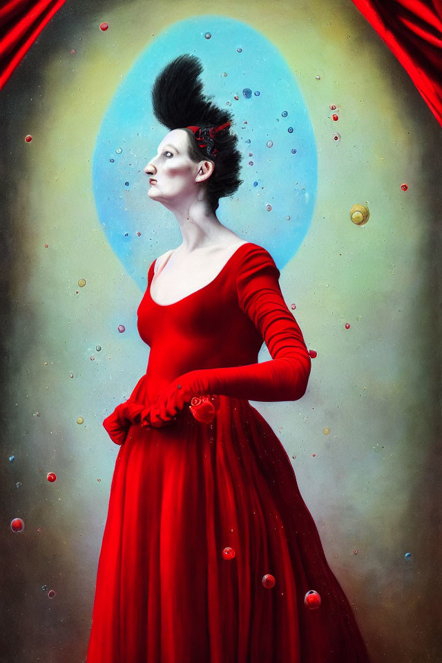 Woman in Red Dress with Elaborate Updo Against Planetary Backdrop