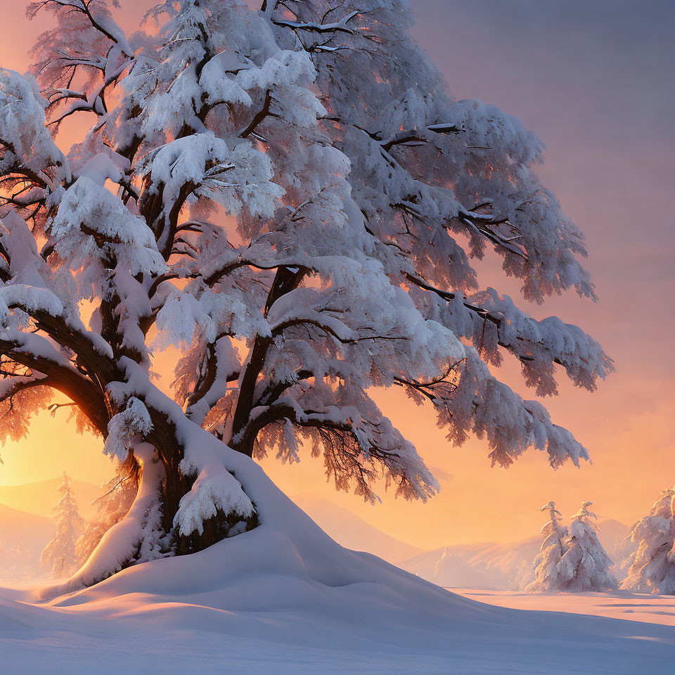 Snow-covered tree at sunrise with golden light filtering through branches