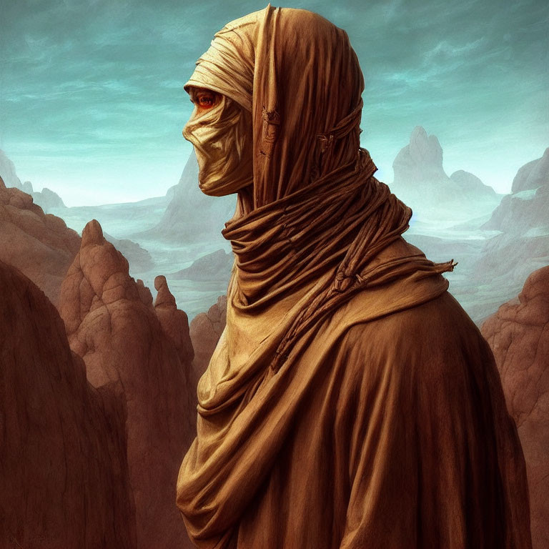 Figure in desert cloak gazes into rocky landscape