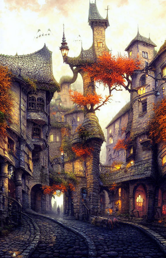 Medieval village with cobblestone streets and whimsical buildings in autumn setting