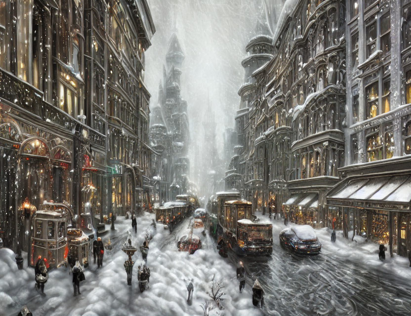 Snowfall transforms city street into winter wonderland with pedestrians and vintage trams.