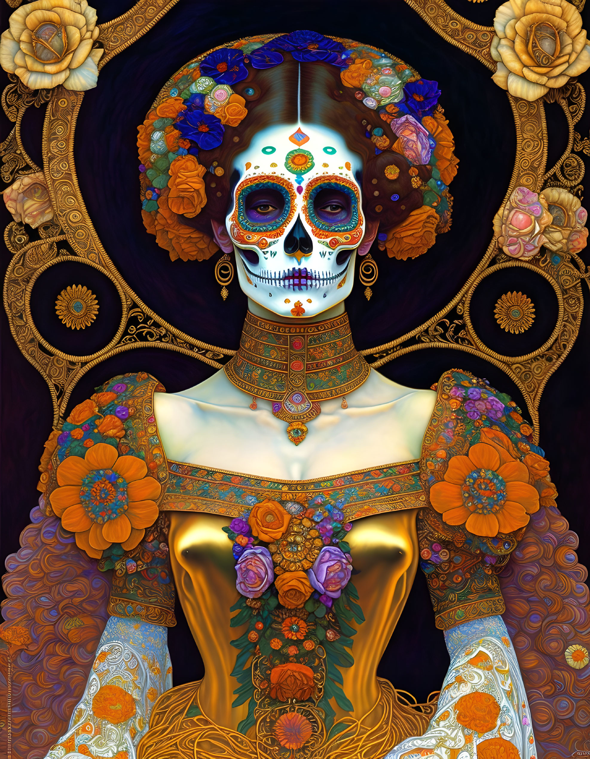 Colorful Dia de los Muertos Skull-Faced Figure Illustration